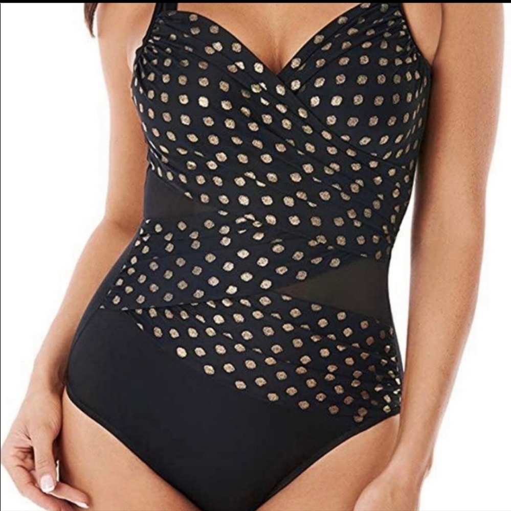 NWOT-Miraclesuit One-Piece Bathing Suit - Perla Madero - Black Gold Dots - Sz 10